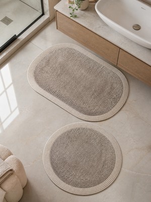 Melena Carpet Modern Jüt Halat Çerçeveli Peluş Banyo Halı Seti Kaymaz Taban 2’li 100X60-60X60 (Daire)