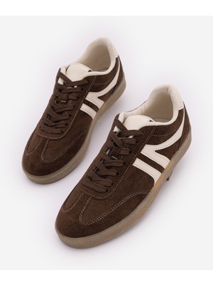 Marjin Kadın Sneaker Acı Kahve Bağcıklı Düz Taban Spor Ayakkabı Tiyone Kahve Süet
