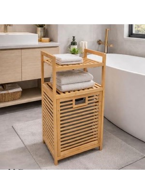 Daisy Home Bambu Çamaşır Sepeti ve Raflı Banyo Düzenleyici, Doğal Renk, 55 L Kapasiteli, Çıkarılabilir Iç Sepetli