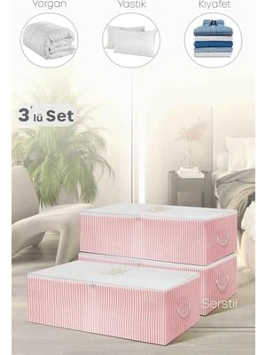 Daisy Home 3 Adet - Büyük Boy Altı Pembe Çizgili Hurç 62 x 46 x 22 cm