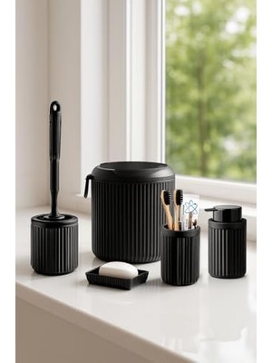 Daisy Home Serisi Siyah Banyo Seti, 5 Parça Oval Akrilik 4 Litre Çöp Kovası, Sabunluk, Fırçalık Takımı 3005