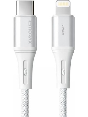 Daisy Home Wahoo Type C-Lightning Örgülü 27WATT Pd Hızlı Şarj Kablosu, Beyaz/gümüş Metal (100 Cm)