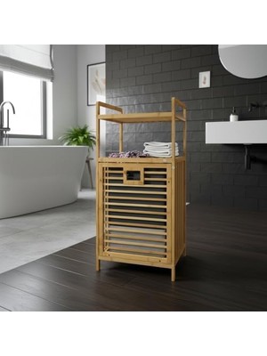 Daisy Home Doğal Bambu 2 Katlı Banyo Rafı ve Çamaşır Sepeti (40X30X95 Cm) - Açık Raflı Ahşap Düzenleyici Kirli Sepeti Dolabı