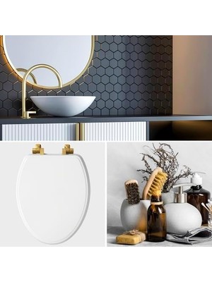 Daisy Home 1826BGSL 000 Benton Fırçalanmış Altın Menteşeli Klozet Kapağı Yavaş Kapanır ve Asla Gevşek Olmaz, Uzunlu, Dayanıklı Ahşap, Beyaz
