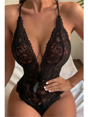 Amour Fashion Romantik Siyah Dantelli Derin Yaka Gecelik