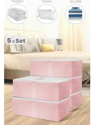 Daisy Home 5 Adet - Küçük Boy Baskı Detaylı Pembe Çizgili Hurç 52 x 28 x 21 cm