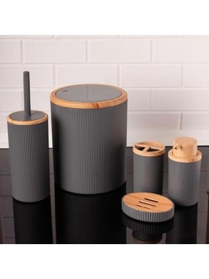 Daisy Home 5 Parçalı Banyo Seti, Bambu Görünümlü Plastik, Gri, Tuvalet Fırçası ve Çöp Kovası Dahil
