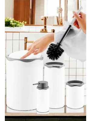 Daisy Home Akrilik 5 Parça Modern Banyo Seti, Beyaz-Mat Gümüş, Çöp Kovası/tuvalet Fırçası/tuvalet Fırça Kabı/sıvı Sabunluk/diş Fırçalık