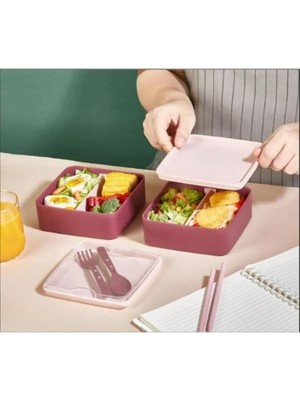 Daisy Home Smart Bölmeli 2 Katlı Çatal Kaşıklı Pembe Beslenme Kabı Kare - Mürdüm