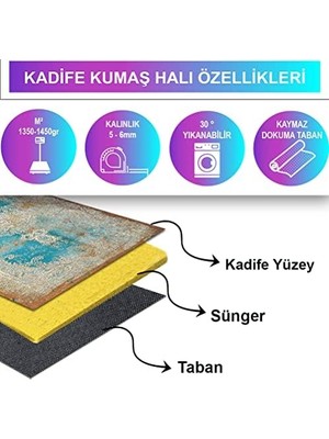 Daisy Home Dizayn Irla Desenli Kadife Pamuk Tabanlı Yıkanabilen Kaydırmaz Antibakteriyel Salon Halısı 80X300