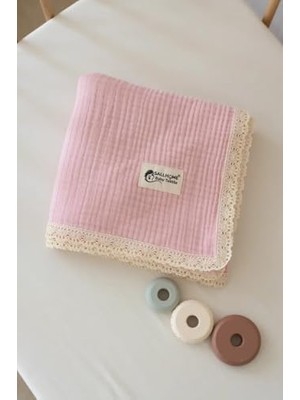 Daisy Home Pamuklu 4 Katlı Müslin Dantelli Bebek Battaniyesi, Pembe, Antibakteriyel, Düz Desen