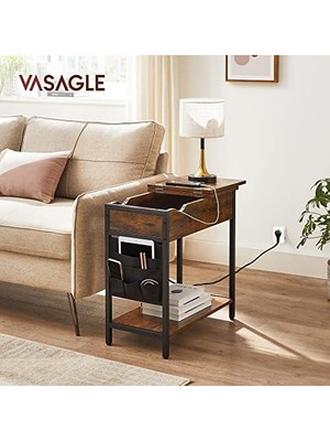 Daisy Home Vasagle Elektrikli Sehpa, Yan Masa, Katlanır Masa, Başucu Masası, Elektrik Soketli, Kumaş Eşya Torbalı,, Kahverengi - Siyah, LET311B01