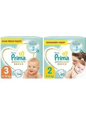 Teknocan Bebek Bezi Premium Care 3 Beden 144 Adet Midi Aylık Fırsat Paketi & Bebek Bezi Premium Care 2 Beden 60 Adet Mini Paket