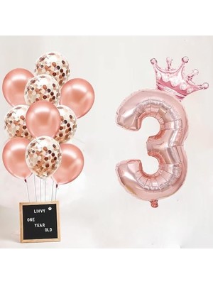 Teknocan 3 Rakam Rose Folyo Balon, Kral Tacı ve Konfetili Rose Balon