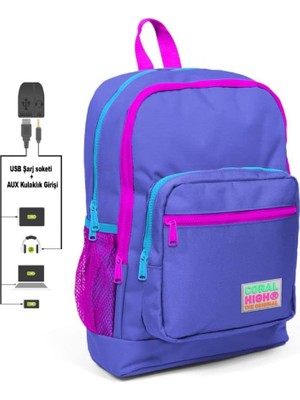 Teknocan Kids Mavi USB Şarjlı Kulaklık Çıkışlı Okul Sırt Çantası 23803