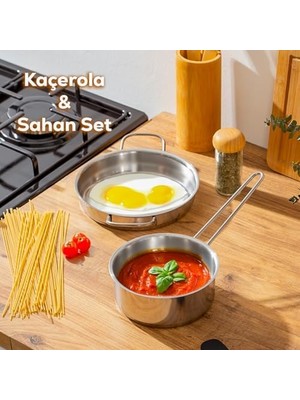 Teknocan Paslanmaz Çelik Kaçerola ve Sahan Seti - Yumurta Sahan ve Sos Tavası 14-18 cm