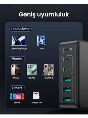 Teknocan 160W 3*type-C ve 3*usb-A 6 Portlu Şarj Cihazı Laptop Uyumlu Gan Masaüstü Şarj Istasyonu