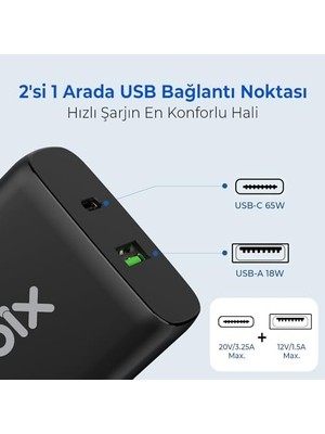 Teknocan Bix BX2P65G Gan Pd 65W Type-C ve Usb-A Qc 18W Çift Portlu Akım Korumalı Hızlı Şarj Cihazı Siyah