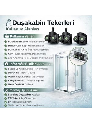 Teknocan Duşakabin Tekerlek Seti 4 Adet (2 Üst + 2 Alt) 2x2 Sistem Uyumlu Kayar Cam Kapı Ray Tekerleri, Evrensel Yedek Parça, Sessiz ve Akıcı Kayma Performansı, Paslanmaya Dayanıklı