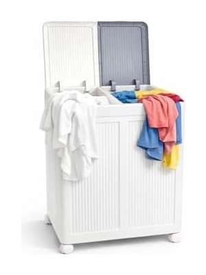 Teknocan Premium Katlanabilir Tekerlekli Çamaşır Sepeti - 100 Litre Çift Bölmeli Çok Amaçlı Düzenleyici, Kapaklı ve Kirli Ayrıştırma Özellikli Banyo ve Ev Saklama Kutusu (Gri)