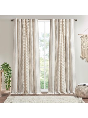 Teknocan IMANI%100 Pamuk Tek Panel Perde Püsküllü Şönil Çizgili Geometrik Baskı Yüzyıl Ortası Görünümlü Çubuk Cep Üstü Oturma Odası Için, Yatak Odası Için Gizlilik Pencere Uygulaması, 127 cm x 213 Cm,