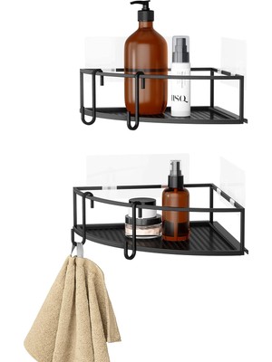 Teknocan Cubiko Köşe Rafı, Duş Rafı, Delmeden Kancalı, Siyah, 2'li Set