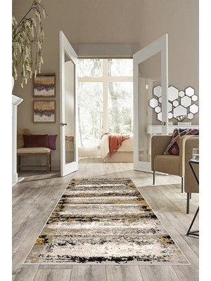 Teknocan Pelangi Gri Batik Desen Renk Geçişli Yıkanabilir Kaymaz Taban Leke Tutmaz Modern Salon Halısı ve Yolluk, Hardal-Bej 100 x 500, 74571224100500728