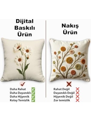 Teknocan Nakış Desen Dijital Baskılı Dekoratif Papatya Desenli Kadife Kırlent Kılıfı, 2'li Set, Krem Zemin, Dijital Baskılı