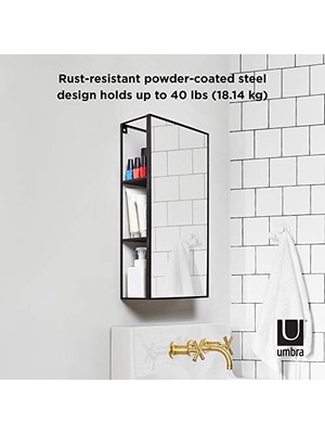 Teknocan Cubiko 24X12 Inç Dikdörtgen Siyah Metal Banyo Aynası Depolama Dolabı 3 Raflı