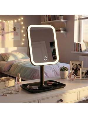 Teknocan LED Işıklı Masaüstü Makyaj Aynası - Dokunmatik Sensörlü, Parlaklık Ayarlı ve Organizer Tabanlı Taşınabilir Kozmetik Aynası - USB Bağlantılı Profesyonel Bakım ve Makyaj Standı