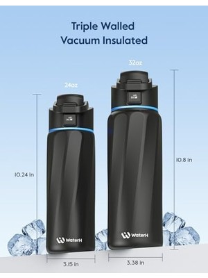 Teknocan Waterh Boost Yalıtımlı Paslanmaz Çelik Akıllı Su Şişesi, 32 Oz Bluetooth Akıllı Izleyici ve Içecek Hatırlatma (Siyah)