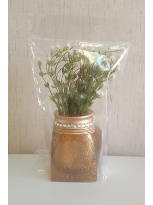 Teknocan 2 Adet Dahil,vazoda Çiçek,beyaz Yapay Çiçek, Dekoratif Taşlı Altın Poliresin 7X7X15CM