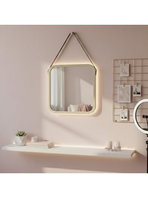Teknocan Askılı Ahşap Çerçeveli Kare Ayna 32X42 cm – Deri Askılı Duvar Aynası, Modern Minimal Dekoratif Ayna, Antre Banyo Yatak Odası Için