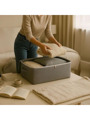 Teknocan Büyük Boy Bazaaltı Kalın Kumaş Hurç | Kazak Yastık Çok Amaçlı Yatakaltı Düzenleme Hurcu Gri (64CMX45CMX20CM) 4 Lü 6 Lı ve Şeffaf Pencereli Seçenekli (6 Lı Paket)