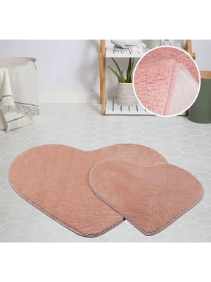 Teknocan My Evilla Modern Dekoratif Halı Jel Kaymaz Taban Peluş Kalp Model Pembe Paspas Takımı 70X100-70X60