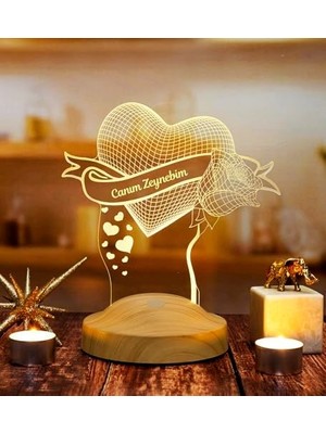 Teknocan Aşk Hediyesi Gül ve Kalp, Sevgiliye Hediye, Yıldönümü Hediyesi Kişiye Özel Gül ve Kalp 3D Gece Lambası