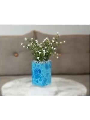 Teknocan 2 Adet Dahil,vazoda Çiçek,beyaz Yapay Çiçek, Dekoratif Mavi 7X7X17CM