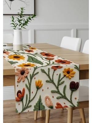 Teknocan Nakış Desen Dijital Baskılı Sarı Turuncu Sonbahar Çiçek Desenli Masa Örtüsü 45X100 cm