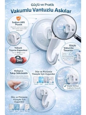 Teknocan Güçlü Vantuzlu Askı 4’lü Set. Delme Gerektirmeyen Duvar Askısı, Banyo Mutfak Duş Lavabo Için, Cam Seramik Uyumlu, Iz Bırakmaz Kaymaz