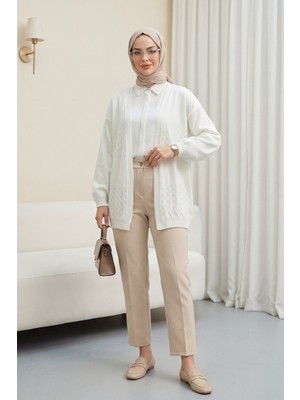 Moda Morfo Araboy Ajurlu Triko Hırka -Ekru