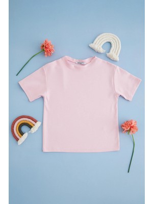 FullaModa Basic Bisiklet Yaka Oversize Kız Çocuk Modal Tişört