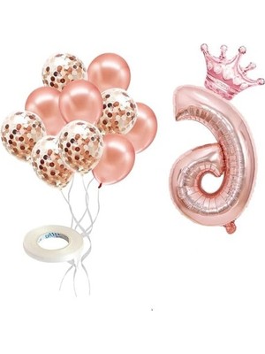 Cekar Store 6 Rakam Rose Gold Folyo Balon, Kral Tacı ve Konfetili Rose Gold Balon