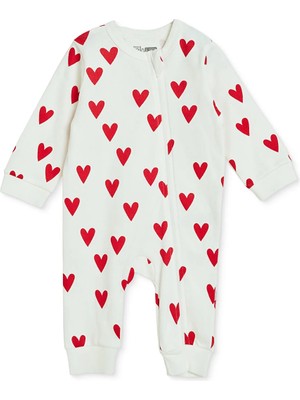 Hellobaby Kız Bebek Tulum Kalp Baskılı Fermuarlı Bisiklet Yaka Uzun Kol Ribanalı