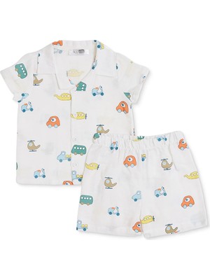 Hellobaby Erkek Bebek Pijama Takımı Araba Baskılı Düğmeli Bebe Yaka Uzun Kol Reçme