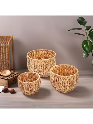 Cekar Store Deconox 3'lü El Yapımı Doğal Hasır Yuvarlak Saksı Seti, Hasır El Yapımı Yuvarlak Örgü Saksı 3'lü Set, Rattan Saksı Seti, (22CM*15CM-18CM*13CM-14CM*11CM)