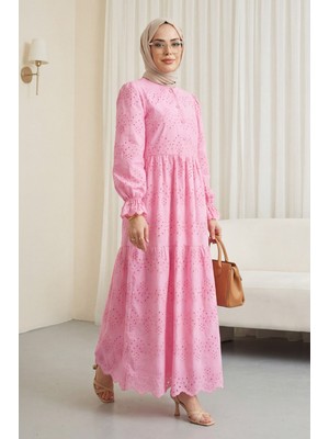 Moda Morfo Yarım Düğmeli Dantel Detaylı Robadan Elbise -Pembe