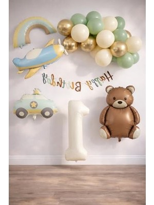 Cekar Store Retro 1 Yaş Doğum Günü Seti; Uçak, Araba, Gökkuşağı, Ayıcık ve 20 Adet Lateks Balon Set