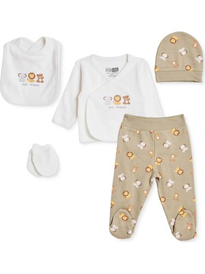 Hellobaby Erkek Bebek 5li Hastane Çıkışı Hayvan Baskılı Çıtçıtlı Bisiklet Yaka Uzun Kol Patikli
