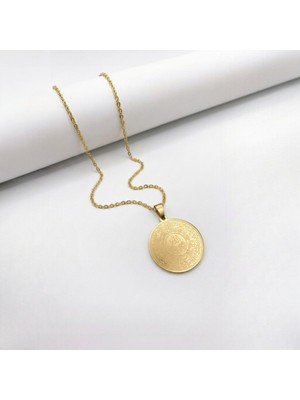 Lorivelle Gold Renk Allah Lafızlı ve Dualı Madalyon Çelik Kolye - Arapça Hat Sanatı Manevi Tasarım
