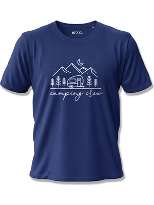 North Whiskers Karavan ve Kamp Temalı Özel Baskılı Lacivert %100 Pamuk Outdoor Tişört - "Camping Crew"